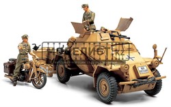 1/35 Нем.БТР Sd.Kfz.222 африк.корпус, мотоцикл DKW NZ350, 3 фигуры, фототравление , металлич. ствол.