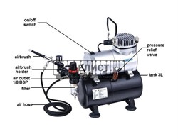 Комплект компрессор , с регулятором давления, автоматика, шлангом 1,8м , аэрограф 0,3 сопло 